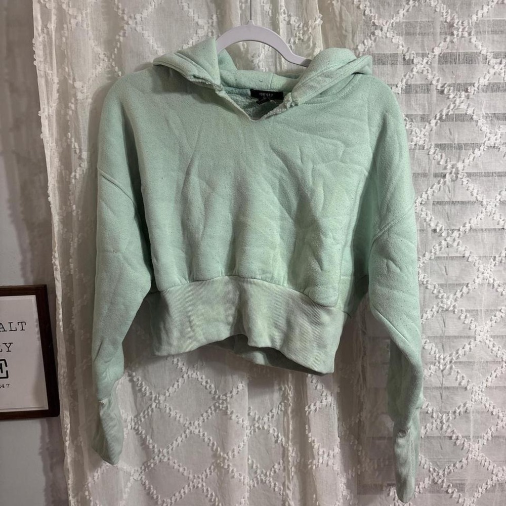 Forever 21 Mint Green Cropped Hoodie Pullover Sweatshirt Ribbed Hem Womens Small